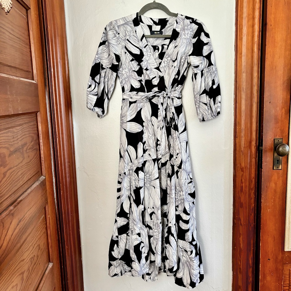 MAEVE by Anthropologie blue floral midi dress tie waist PETITE